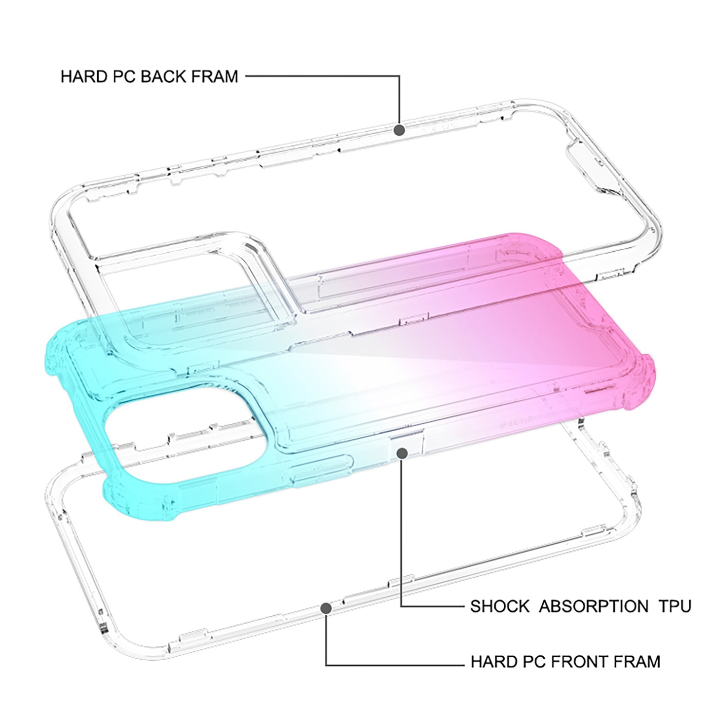 For Apple iPhone 16 Pro (6.3") Hybrid 3in1 Clear Two Color Tone Transparent Shockproof Rubber TPU + Hard Protective Frame Case Cover Blue Teal + Pink