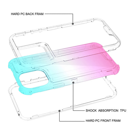 For Apple iPhone 16 Pro (6.3") Hybrid 3in1 Clear Two Color Tone Transparent Shockproof Rubber TPU + Hard Protective Frame Case Cover Blue Teal + Pink