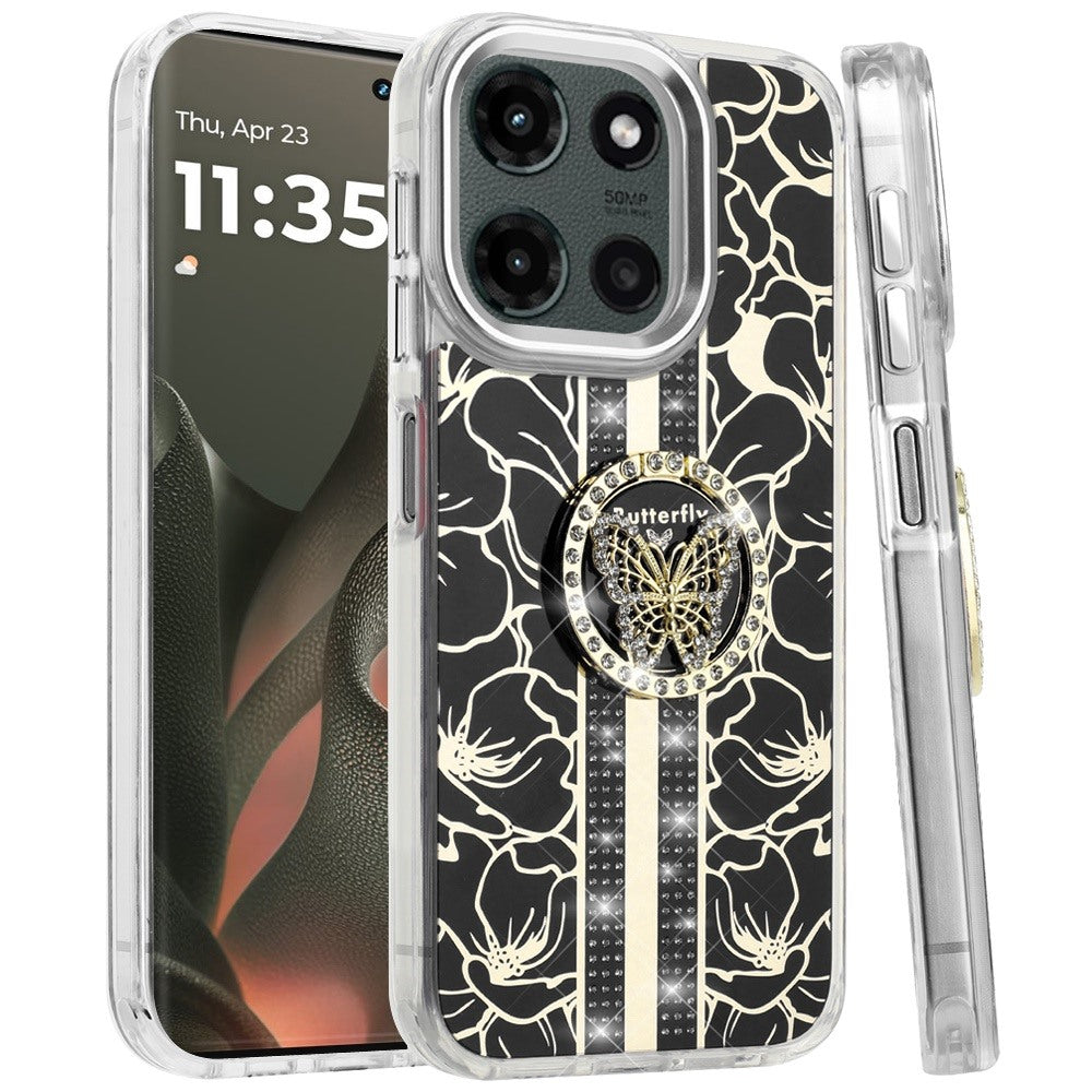 For Motorola Edge 2025 Diamonds 3D Butterfly Floral Design Bling Sparkly Glitter Hybrid Metal Fashion with Ring Stand Case Cover