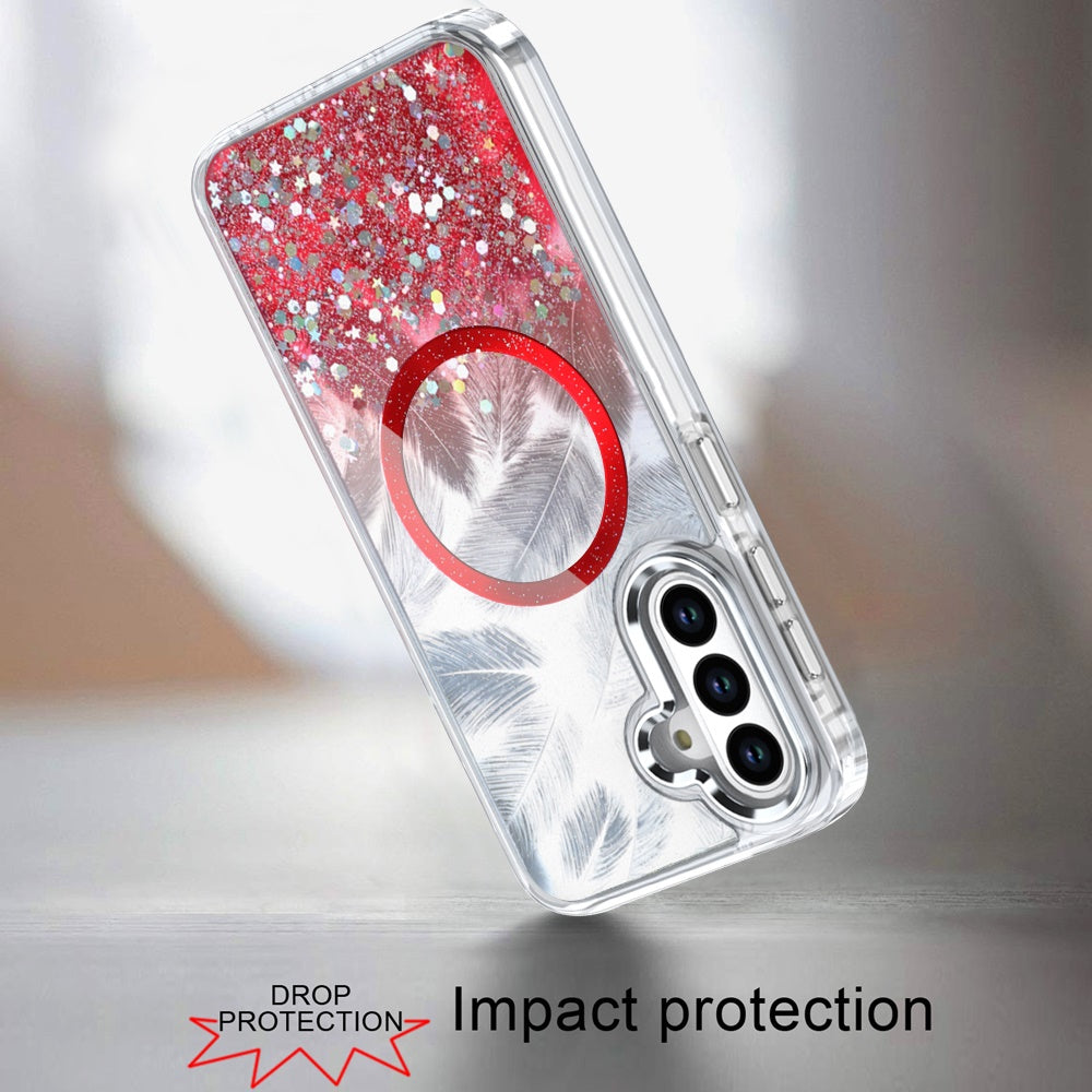 For Apple iPhone 15 Pro Max Epoxy Glitter Shimmer Fashion Case with Magnetic Magsafe Compatible Hybrid Sparkling Slim Protective Case Cover Red
