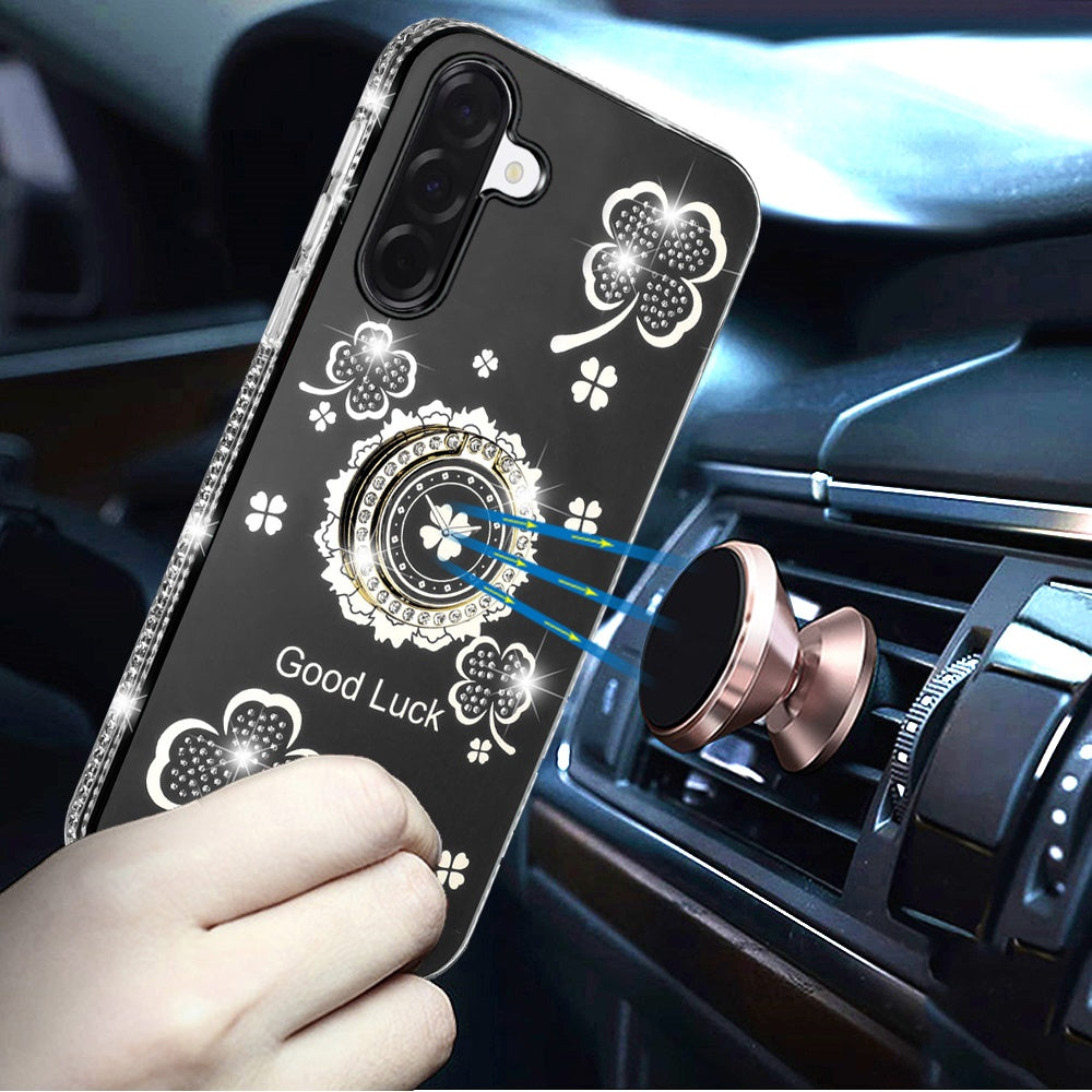 For Samsung Galaxy S25 Fan Edition /Galaxy S25 FE Diamonds Bling All Around Edges Sparkly Glitter Hybrid with Ring Stand Holder Fashion Good Luck Case Cover Black