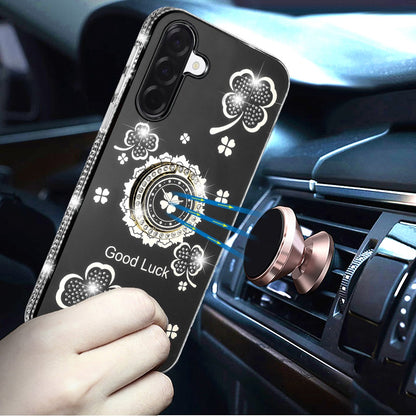 For Samsung Galaxy S25 Fan Edition /Galaxy S25 FE Diamonds Bling All Around Edges Sparkly Glitter Hybrid with Ring Stand Holder Fashion Good Luck Case Cover Black