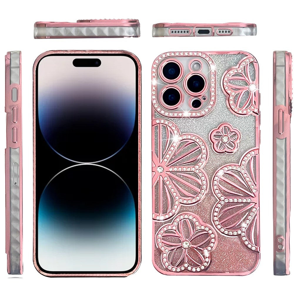 For Apple iPhone 14 Pro Max Luxury Floral Design Sparkle Glitter Diamond Crystal Rhinestone Shimmer Bling Plating Thick TPU Hard PC Case Cover