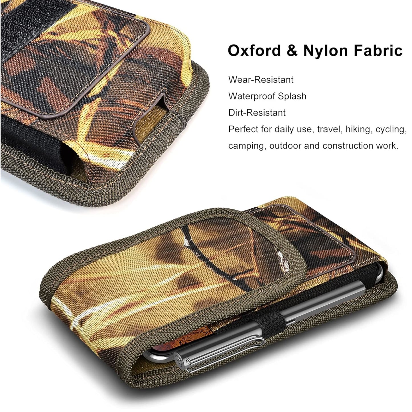 For Apple iPhone 16 Pro (6.3") Vertical Camouflage Nylon Canvas Holster Universal Cell Phone Pouch Velcro Closure with Credit Card Slot & Belt Clip Loop Carabiner [Hunting Camo]