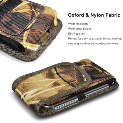 For Apple iPhone 16 Pro (6.3") Vertical Camouflage Nylon Canvas Holster Universal Cell Phone Pouch Velcro Closure with Credit Card Slot & Belt Clip Loop Carabiner [Hunting Camo]