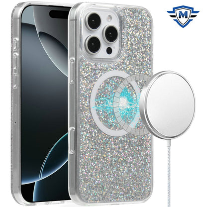 For Apple iPhone 16 Pro (6.3") Premium Transparent Epoxy Glitter Bling Magnetic Circle Compatible with MagSafe Hybrid Sparkle TPU Case Cover