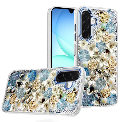 For Samsung Galaxy A17 5G 3D Diamond Floral Roses Flower Bling Stone Hybrid, Sparkly Rhinestone Gemstone Back Shockproof Case Cover