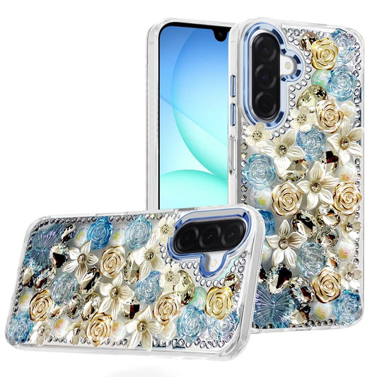 For Samsung Galaxy A17 5G 3D Diamond Floral Roses Flower Bling Stone Hybrid, Sparkly Rhinestone Gemstone Back Shockproof Case Cover