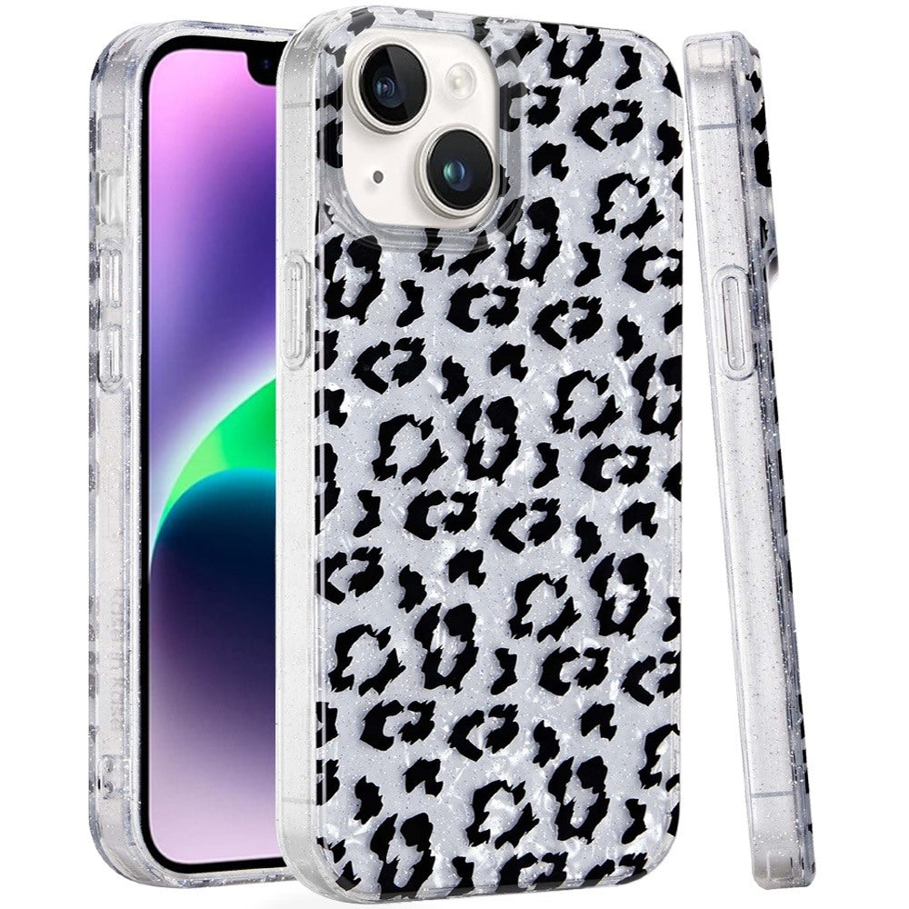 For Apple iPhone 15 Glitter Leopard, Fashion Design Animal Skin Print Slim IMD TPU Dual Layer Shockproof Protective Case Cover