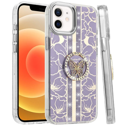 For Apple iPhone 15 Diamonds 3D Butterfly Floral Design Bling Sparkly Glitter Hybrid Metal Fashion with Ring Stand Case Cover
