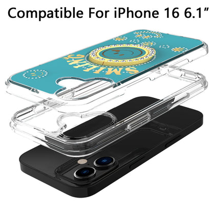 For Apple iPhone 16 (6.1") Smiling Glitter Ornament Bling Sparkle with Ring Stand Hybrid Slim TPU + Hard Back Shell Case Cover