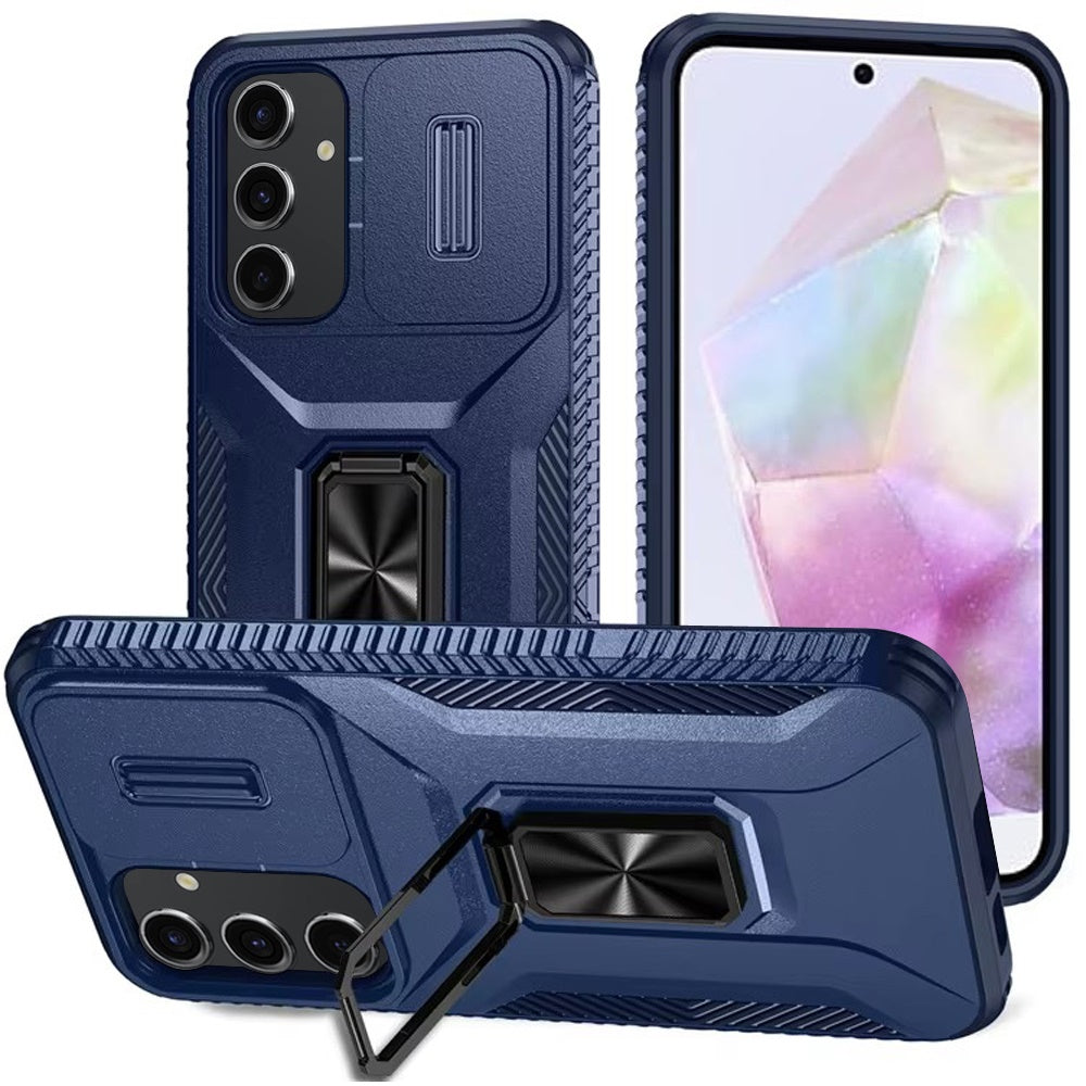 For Apple iPhone 15 Case, Camera Cover with Magnetic Rotation Ring Stand, Military Grade Hybrid Hard TPU Shockproof Case Cover Blue