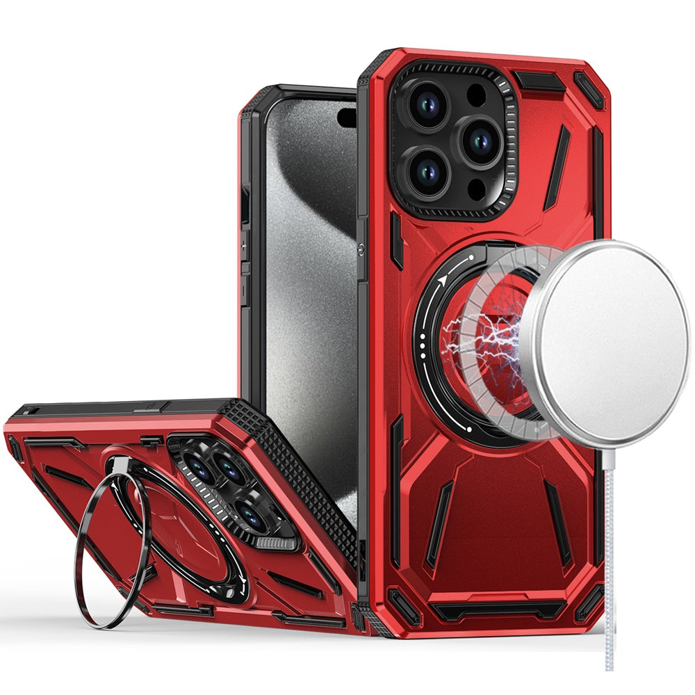 For Apple iPhone 15 Plus Hybrid Magnetic Ring and 360° Rotational Kickstand with MagSafe Compatible, Military Grade Drop Protection Case Cover Red