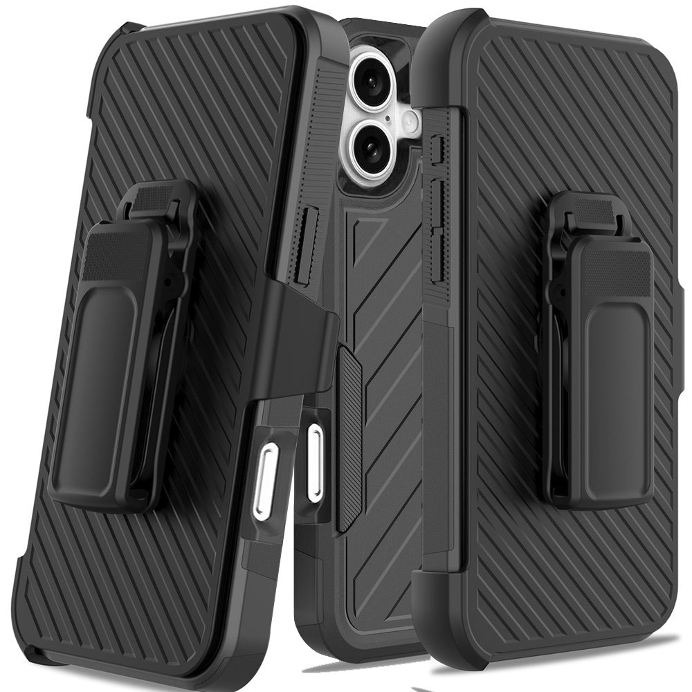 For Apple iPhone 16 (6.1") Combo Hybrid lined with Belt Clip Holster Armor Shockproof Rugged Textured 2in1 Non Slip Tough Case Cover Black / Black