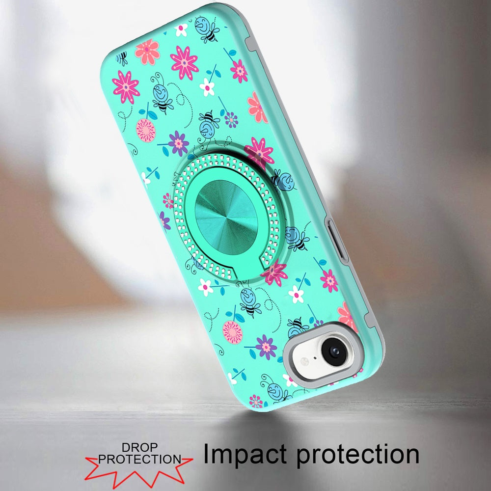 For Apple iPhone 16e Pattern Design Hybrid with Invisible Ring Stand & Magnetic Back, Shockproof Protective Grip Case Cover Flower Bee Teal