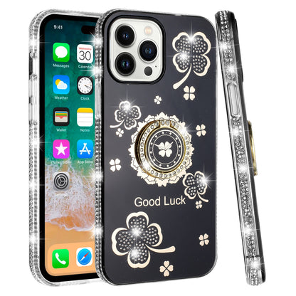 For Apple iPhone XR Diamonds Bling All Around Edges Sparkly Glitter Hybrid Ring Stand Holder Fashion Good Luck Case Cover