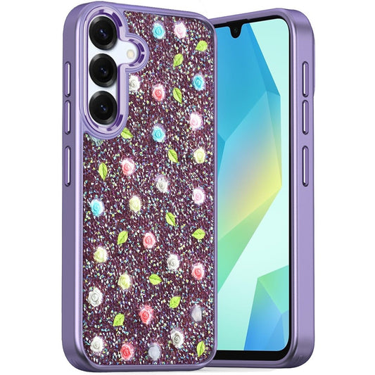 For Samsung Galaxy A16 Floral Design Embedded Glass Diamond Fancy Fashion Glitter Bling Sparkly Hybrid Rugged TPU Bumper Case Cover