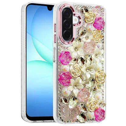 For Samsung Galaxy A17 5G 3D Diamond Floral Roses Flower Bling Stone Hybrid, Sparkly Rhinestone Gemstone Back Shockproof Case Cover