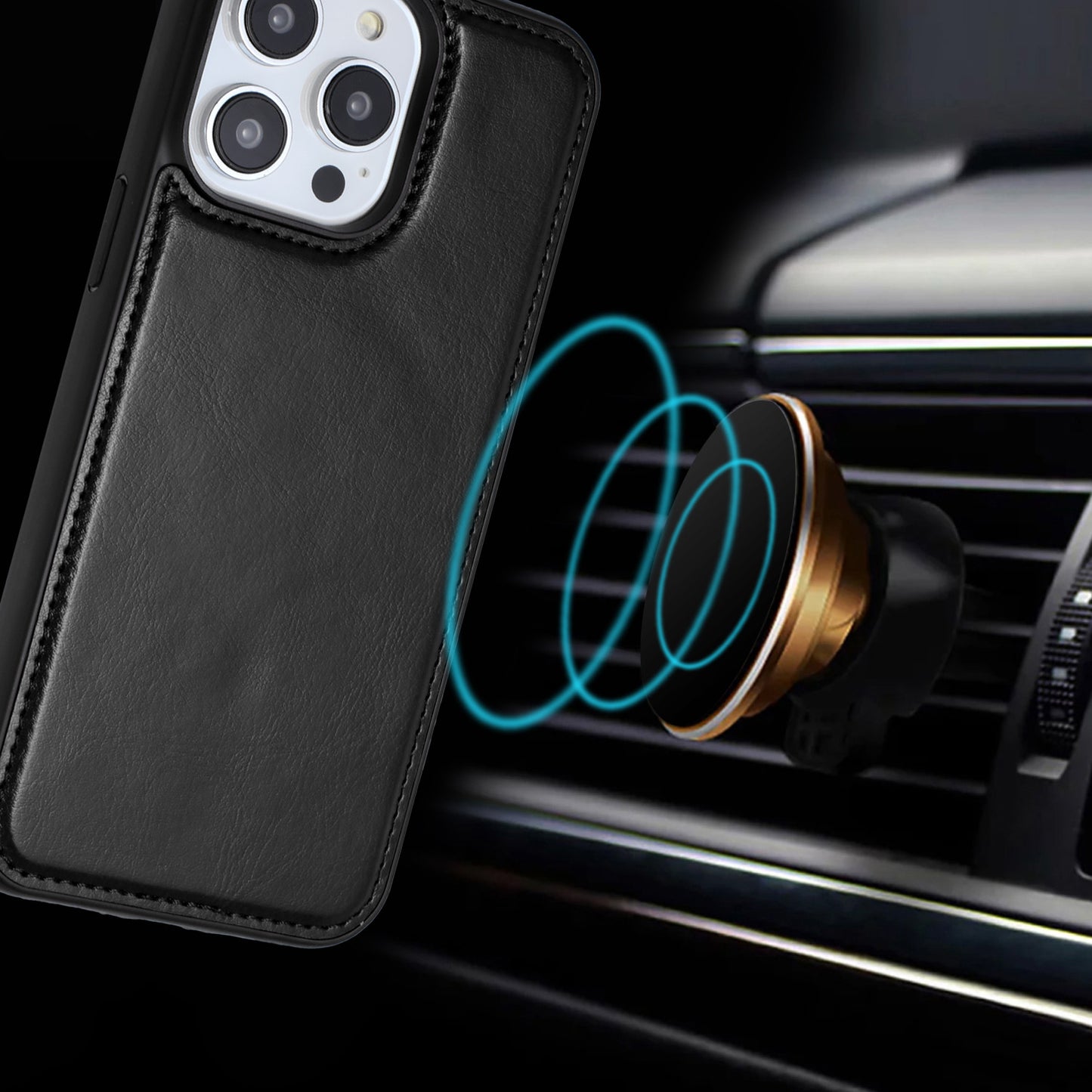 For Apple iPhone 16 Plus (6.7") Deattachable PU Leather Hybrid Wallet Money Credit Card Holder Support Magsafe Charger Case Cover Black