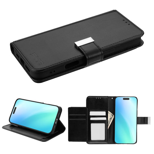 For Leather Wallet Folio Case with Credit Card Slots Pouch Cover for Apple iPhone 16 Plus - Black Case Cover Black