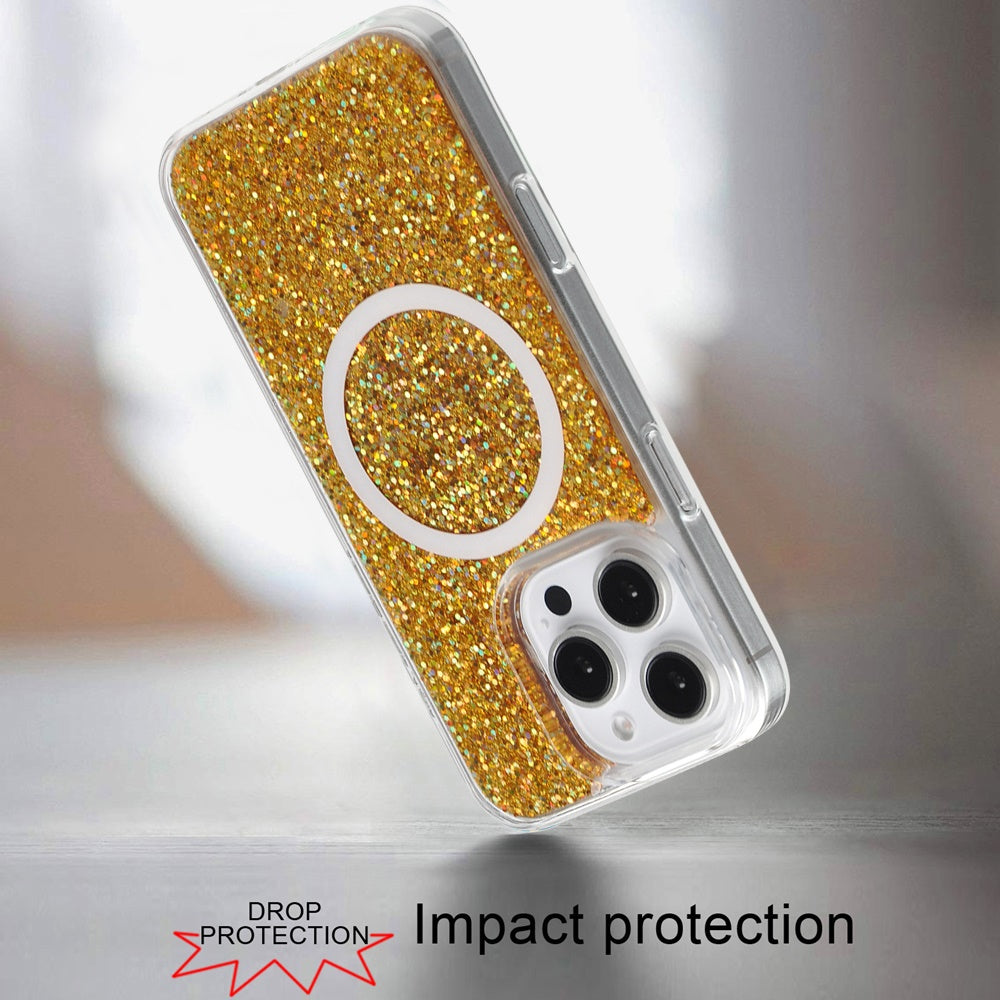 For Apple iPhone 16 Pro (6.3") Premium Transparent Epoxy Glitter Bling Magnetic Circle Compatible with MagSafe Hybrid Sparkle TPU Case Cover
