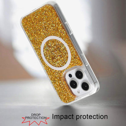 For Apple iPhone 16 Pro (6.3") Premium Transparent Epoxy Glitter Bling Magnetic Circle Compatible with MagSafe Hybrid Sparkle TPU Case Cover