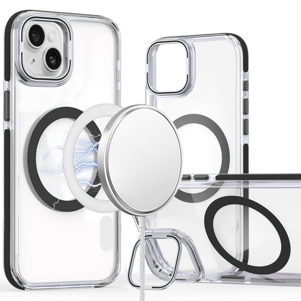 For Apple iPhone 15 Hybrid Clear Back Case with Invisible Camera Bracket Stand, MagSafe Magnetic Circle, Shockproof Color Frame Case Cover
