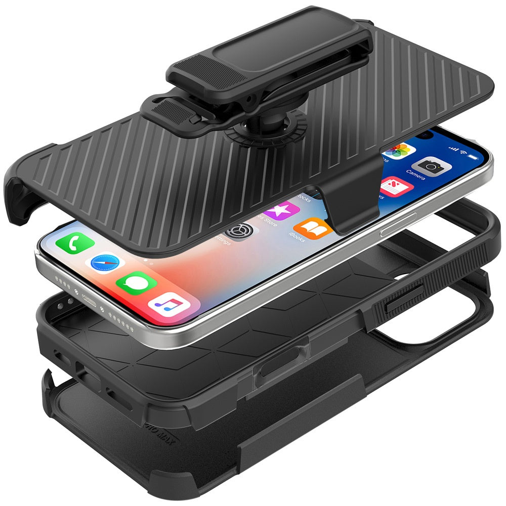 For Apple iPhone 16 Pro (6.3") Combo Hybrid lined with Belt Clip Holster Armor Shockproof Rugged Textured 2in1 Non Slip Tough Case Cover Black / Black