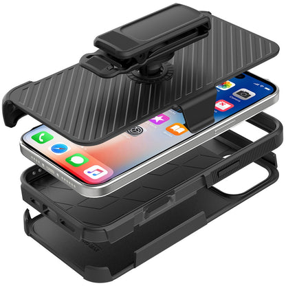For Apple iPhone 16 Pro (6.3") Combo Hybrid lined with Belt Clip Holster Armor Shockproof Rugged Textured 2in1 Non Slip Tough Case Cover Black / Black