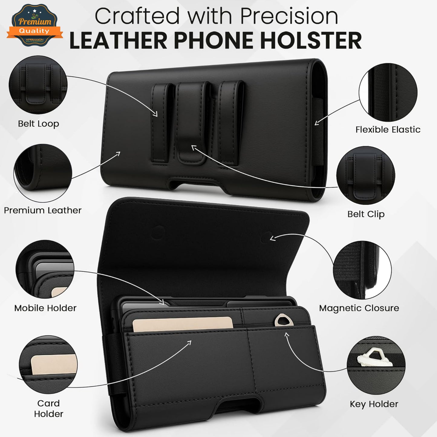 For Samsung Galaxy S25+ /S25 Plus /S24+ Plus Magnetic Leather Pouch with Belt Clip, Secure Magnetic Closure, Soft Lining, Card Holder Slot, Fits 6.5"- 7.0" Phones Case Cover Black