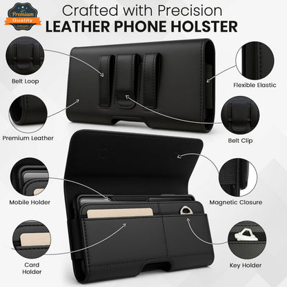 For Cricket Debut S3 2024 Magnetic Leather Pouch with Belt Clip, Secure Magnetic Closure, Soft Lining, Card Holder Slot, Fits 6.5"- 7.0" Phones Case Cover Black