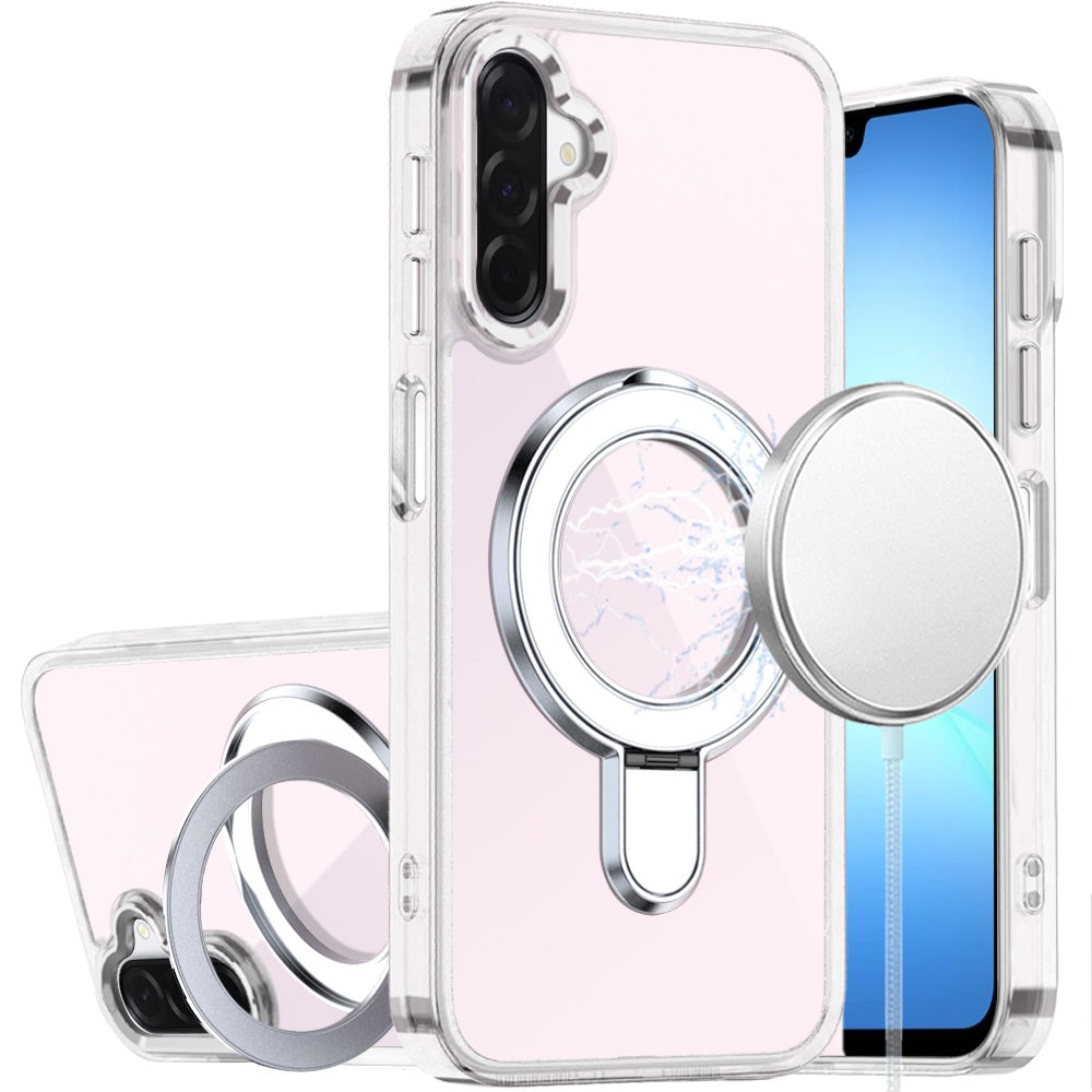 For Samsung Galaxy A17 5G Chrome Hybrid with Rotating Magnetic Circle Ring Stand, Slim Shockproof Hybrid Case Cover