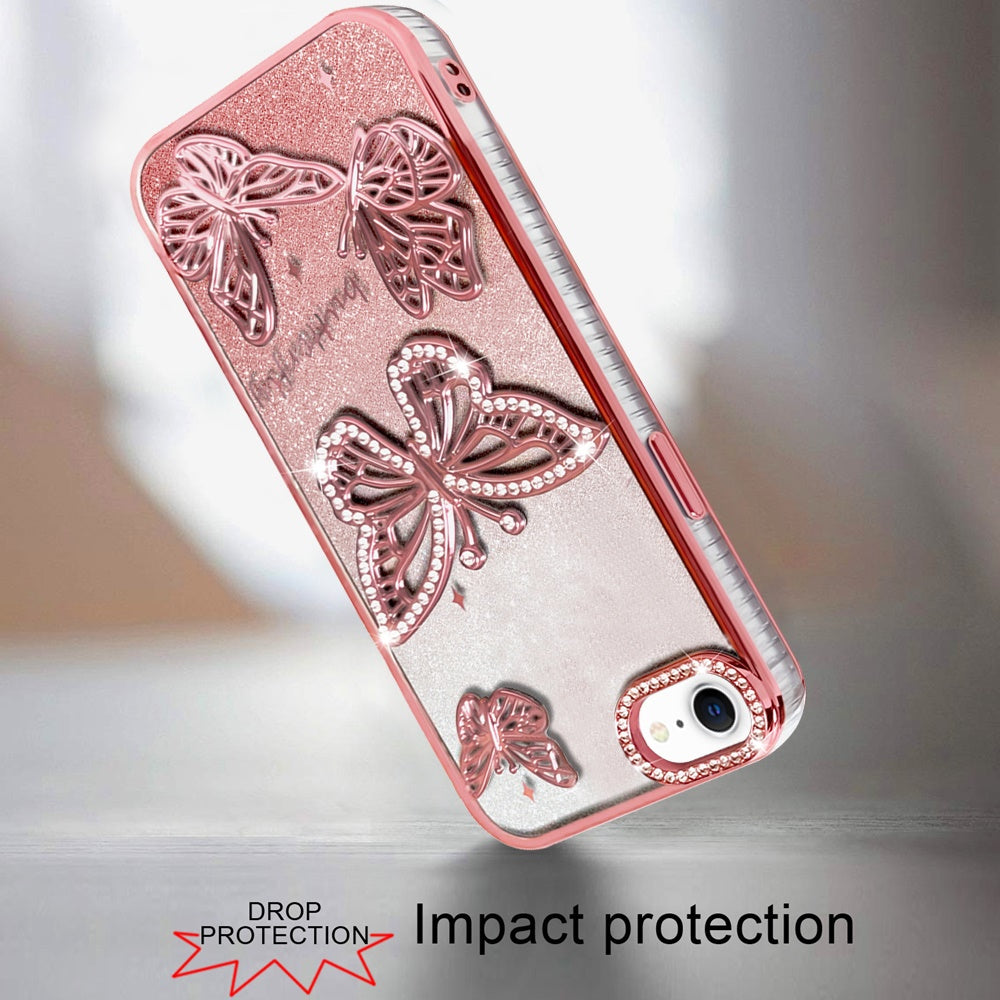 For Apple iPhone 16e Luxury Butterfly Sparkle Glitter Diamond Crystal Rhinestone Shimmer Bling Plating Thick TPU Hard PC Case Cover
