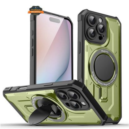 For Apple iPhone 16 Pro (6.3") Hybrid Tuff Case with Folding Stand Magnetic Holder Compatible with MagSafe [Military Shockproof] Case Cover