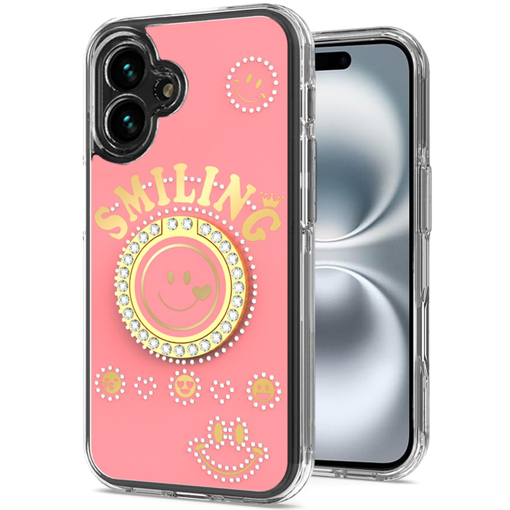 For Apple iPhone 16 (6.1") Smiling Glitter Ornament Bling Sparkle with Ring Stand Hybrid Slim TPU + Hard Back Shell Case Cover