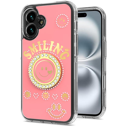 For Apple iPhone 16 (6.1") Smiling Glitter Ornament Bling Sparkle with Ring Stand Hybrid Slim TPU + Hard Back Shell Case Cover