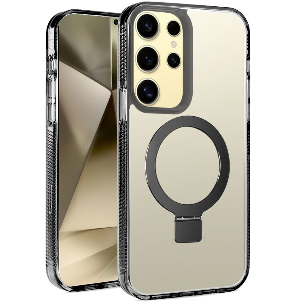 For Samsung Galaxy A17 5G Transparent Magnetic Ring Circle Stand with MagSafe Compatible Hybrid Dotted Edged Hard PC Shockproof Case Cover Black