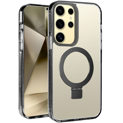 For Samsung Galaxy A17 5G Transparent Magnetic Ring Circle Stand with MagSafe Compatible Hybrid Dotted Edged Hard PC Shockproof Case Cover Black