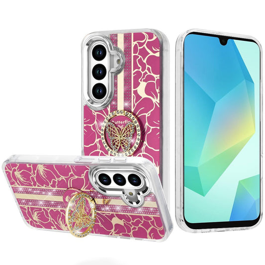 For Samsung Galaxy A16 5G Diamonds 3D Butterfly Floral Design Bling Sparkly Glitter Hybrid Metal Fashion with Ring Stand Case Cover