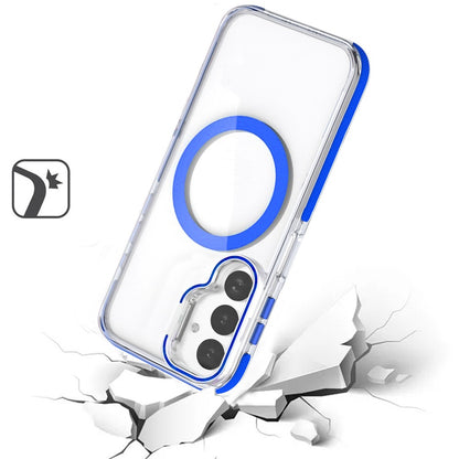 For Samsung Galaxy A17 5G Hybrid Clear Back Case with Invisible Camera Bracket Stand, MagSafe Magnetic Circle, Shockproof Color Frame Case Cover Blue