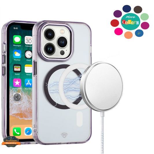 For Apple iPhone 15 Pro Max Transparent Back Hybrid Case - Magnetic Circle, Color Frame, Metal Buttons, MagSafe Compatible Case Cover