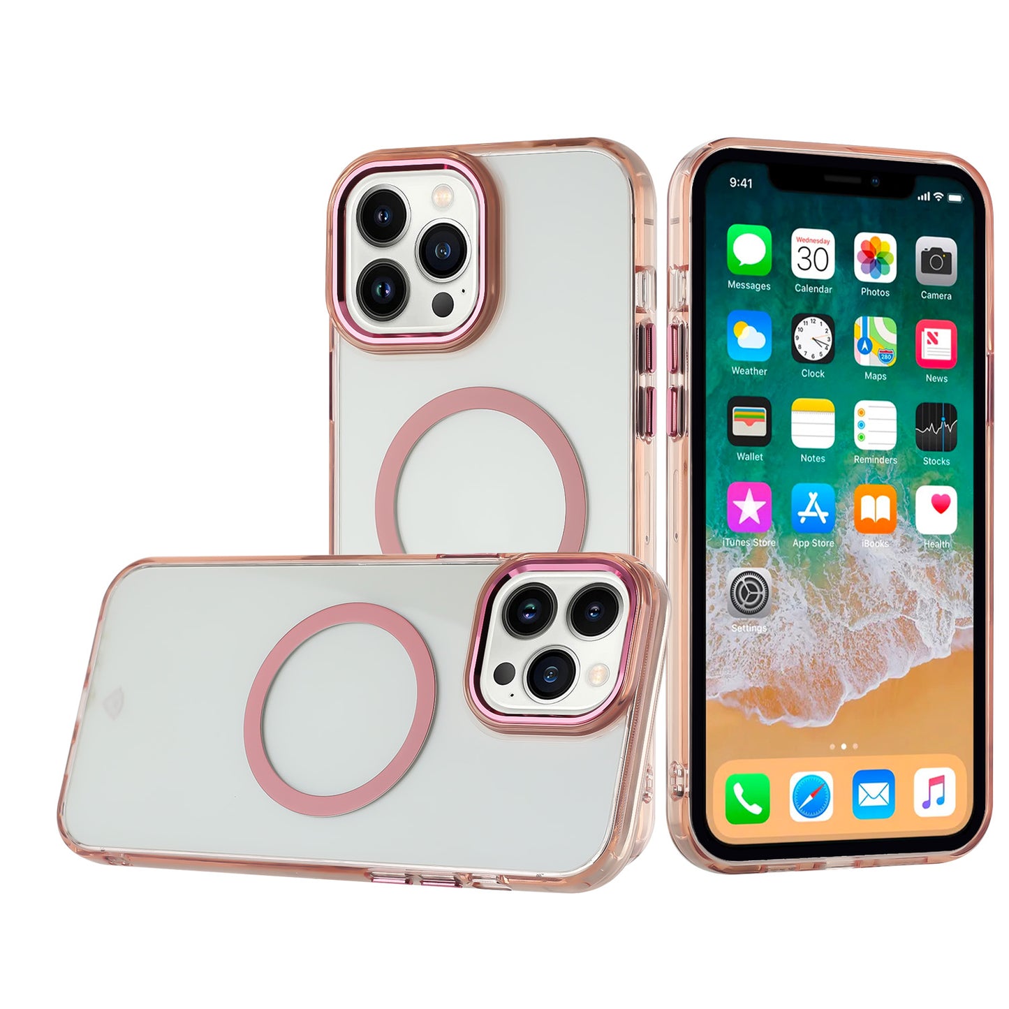 For Apple iPhone 15 Pro Transparent Back Hybrid Case - Magnetic Circle, Color Frame, Metal Buttons, MagSafe Compatible Case Cover Rose Gold