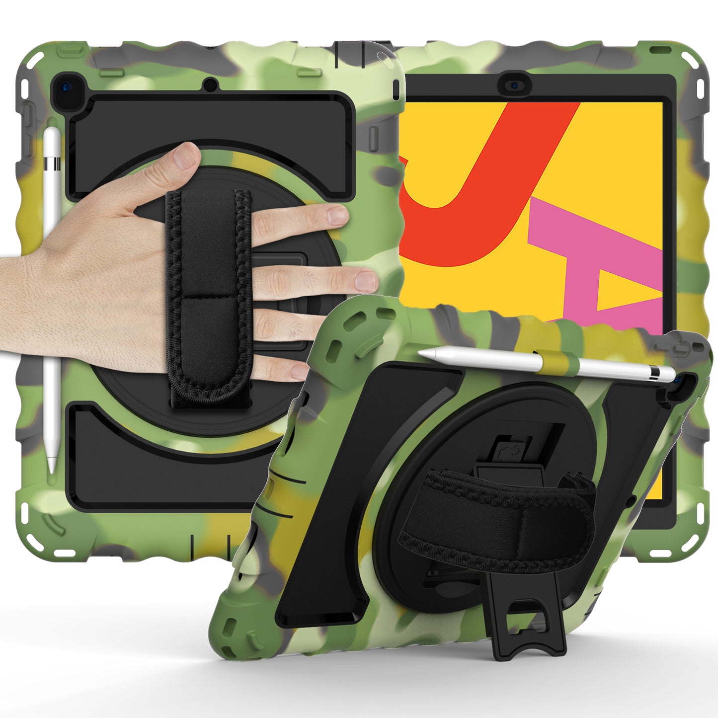 For Hybrid 3in1 Armor Rugged with Built-in Kickstand 360° Rotatable Stand & Shoulder Hand Strap Corner Shockproof Camouflage Tablet Case Cover