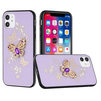 For Apple iPhone 16e Diamonds 3D Butterfly Bling Sparkly Glitter Ornaments Engraving Hybrid Metal Fashion Case Cover Purple Garden Butterflies