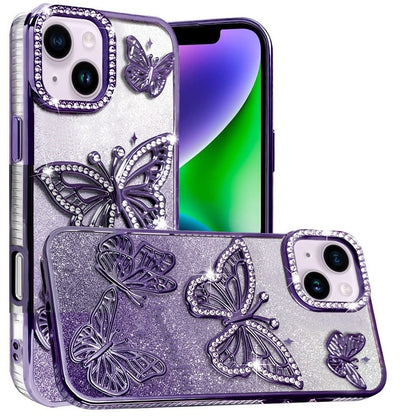 For Apple iPhone 15 Pro Max Luxury Butterfly Sparkle Glitter Diamond Crystal Rhinestone Shimmer Bling Plating Thick TPU Hard PC Case Cover