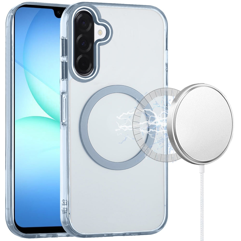 For Samsung Galaxy A17 5G Transparent Back Hybrid Case - Magnetic Circle, Color Frame, Metal Buttons, MagSafe Compatible Case Cover
