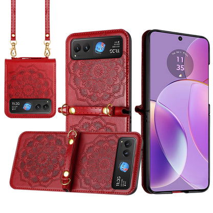 For Motorola Razr Ultra 2025 Embossed Floral PU Leather Henna Mandala Design Flip Cover with Strap, Hybrid Protective Case Cover