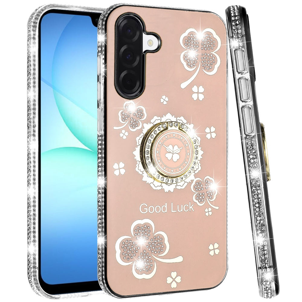 For Samsung Galaxy A17 5G Diamonds Bling All Around Edges Sparkly Glitter Hybrid with Ring Stand Holder Fashion Good Luck Case Cover