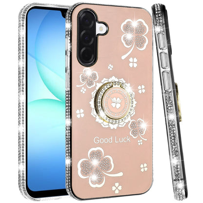 For Samsung Galaxy A17 5G Diamonds Bling All Around Edges Sparkly Glitter Hybrid with Ring Stand Holder Fashion Good Luck Case Cover
