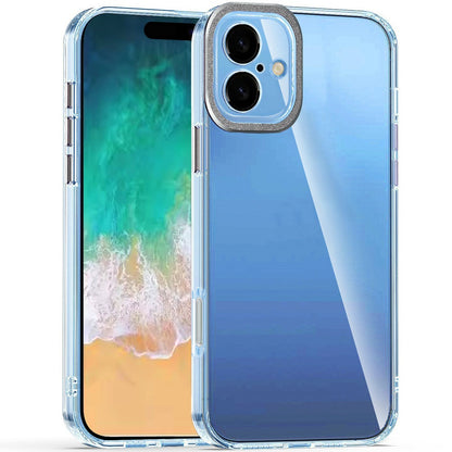 For Apple iPhone 16e Transparent Clear Hybrid with Matching Metal Buttons and Camera Protection Hard PC + TPU Rubber Case Cover Clear / Black